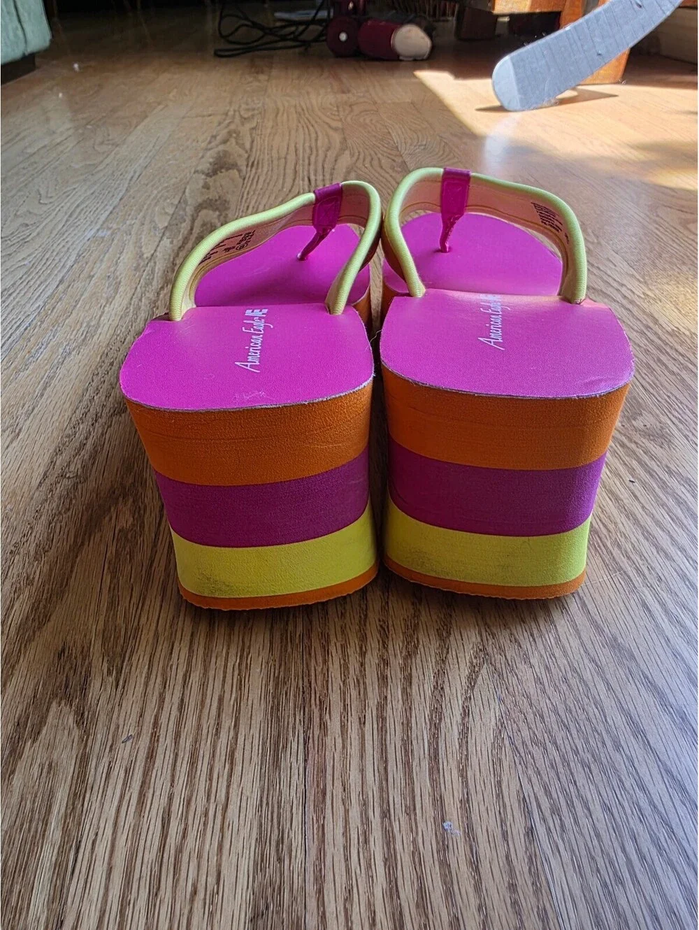 Y2K Vtg American Eagle Platform Flip Flops Chunky Wedge Pink and Orange Size 8
